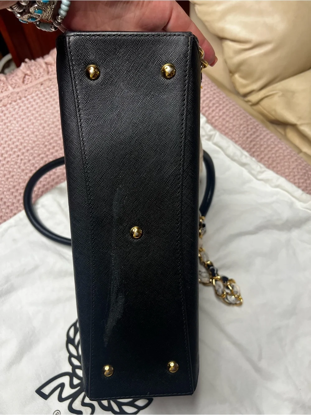 MCM Black Saffiano Leather Satchel Top Handle Crossbody Bag Gold Hardware